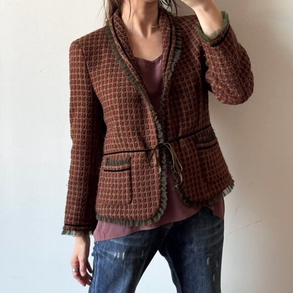 Vintage 2000s DKNY Browns & Green Tweed Wool Ruffle Trim Blazer Jacket - Picture 1 of 8